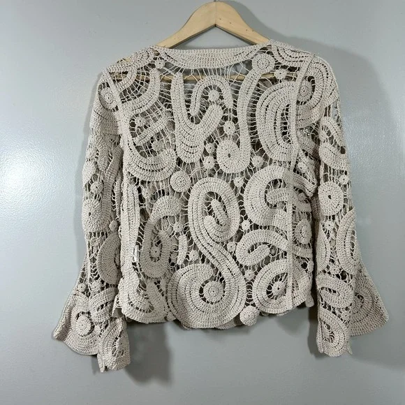 SOLITAIRE Crochet Lace Bell Sleeve Top Cream Knit Festival Boho Beach Hippie L - Picture 3 of 10